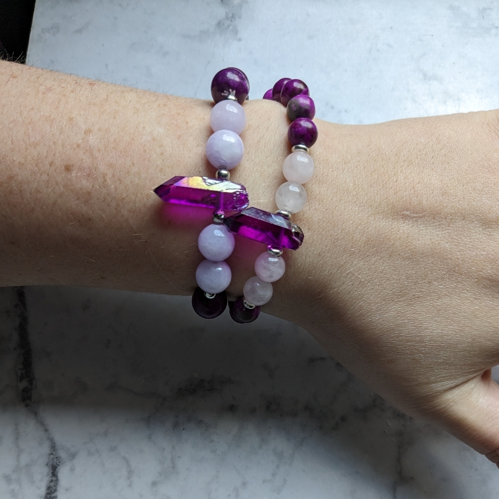 Sugalite Rose Quartz Crystal Stone bead bracelet - Picture 2 of 9